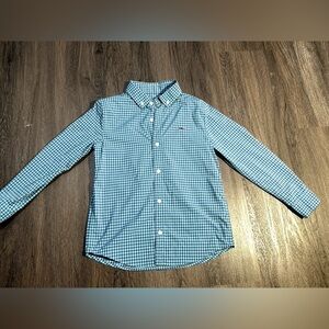 Vineyard Vines Boys Performance Button Down Shirt Size 6 Blue Gingham Whale Logo